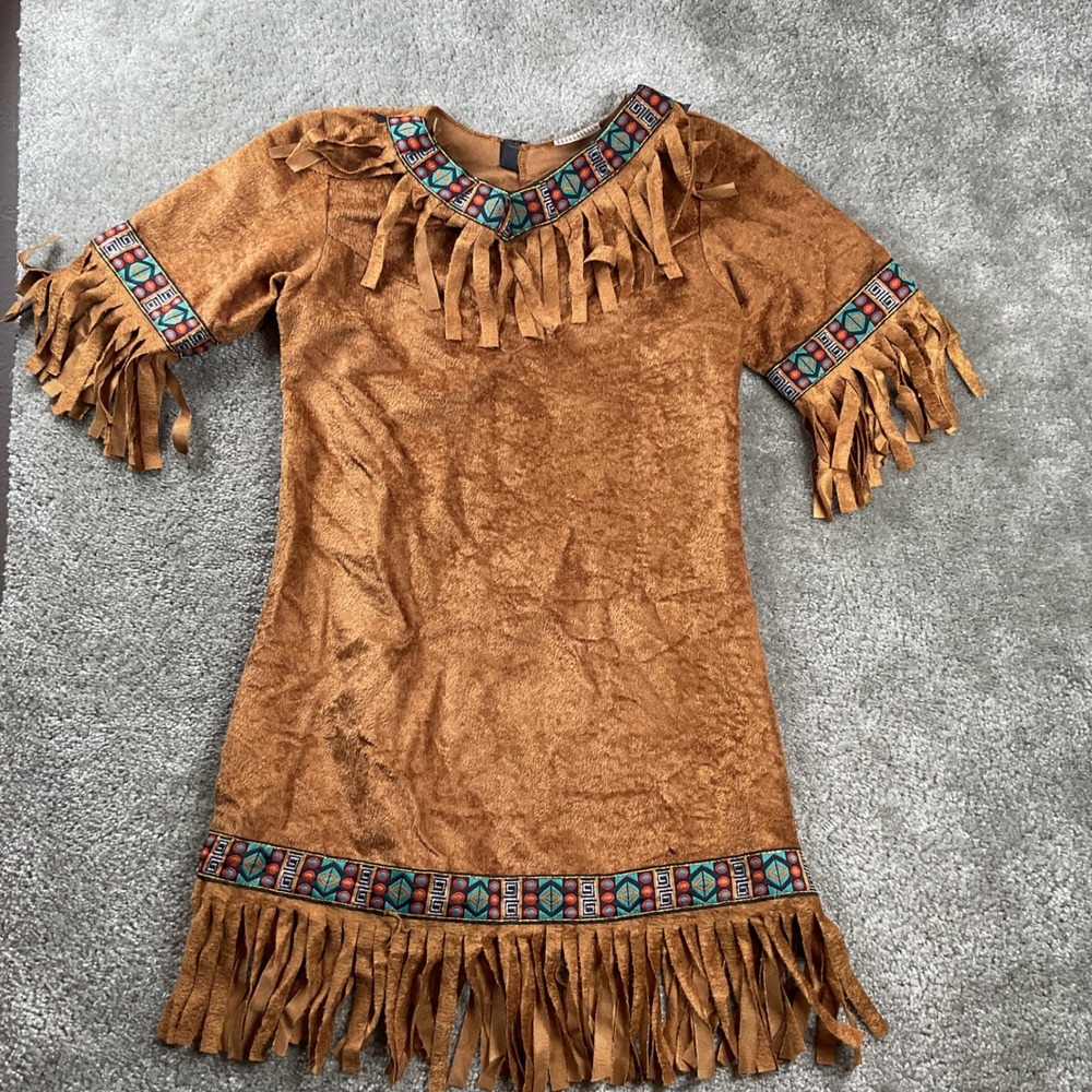 Unbranded Faux Suede Costume Dress Girls Size M Brown Fringe Geometric Trim
